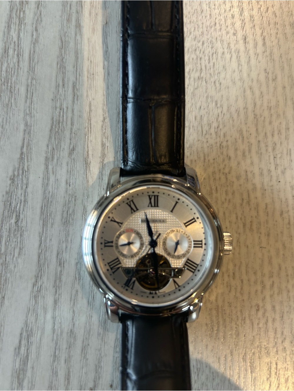 SEAGULL Men's Black Leather Strap Watch - Black Dial - Picture 3 of 6